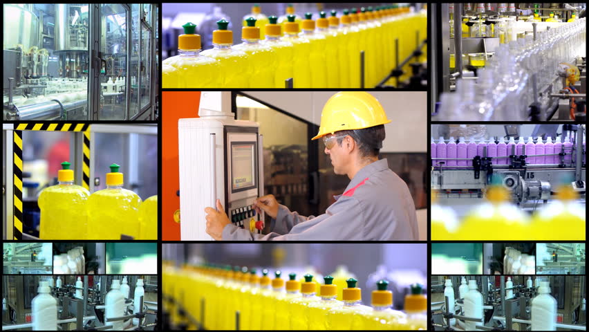 Montage of clips arranged in multi-screen, showing production line for liquid detergent manufacturing.