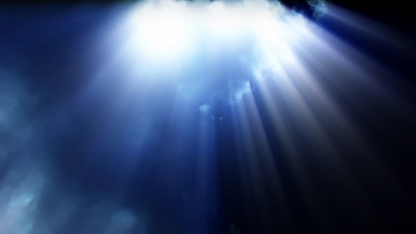 Cloud FX (seamless loop): Dramatic light streaks down through white clouds in a dark sky.