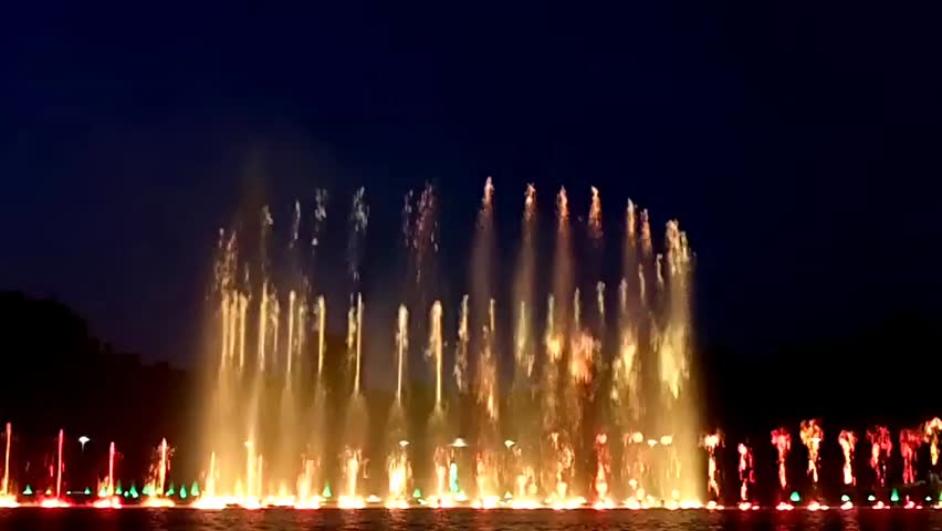 Show of musical fountain next to the Centennial Hall in Wroclaw, Poland