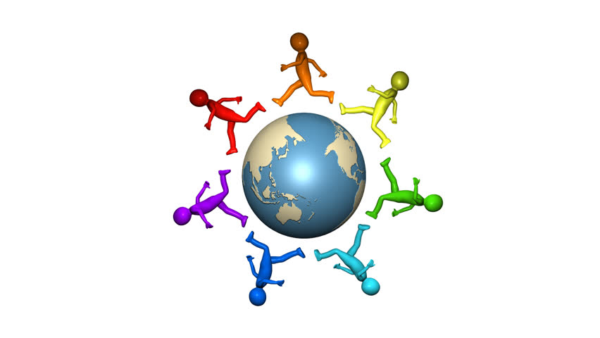 3D multicolor men walking around the earth 