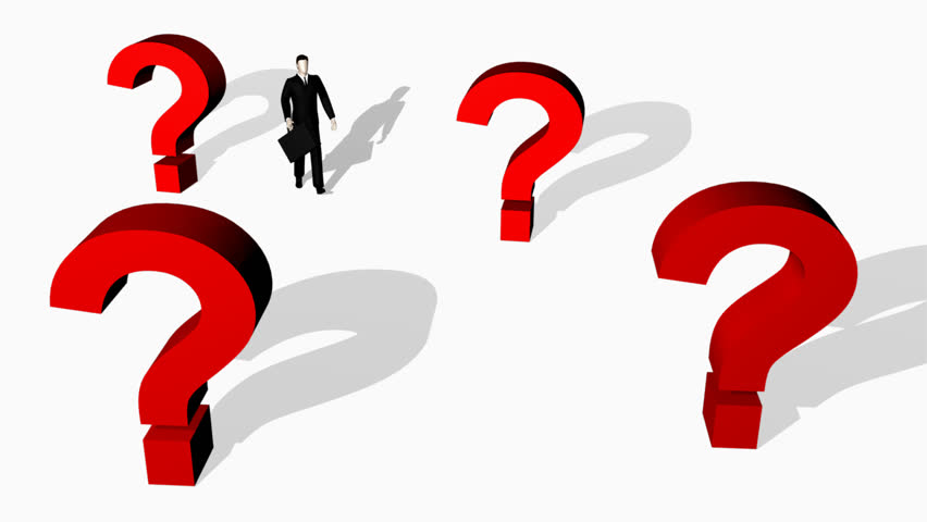Abstract animation in which character goes among question marks of red color which collapse on a part 