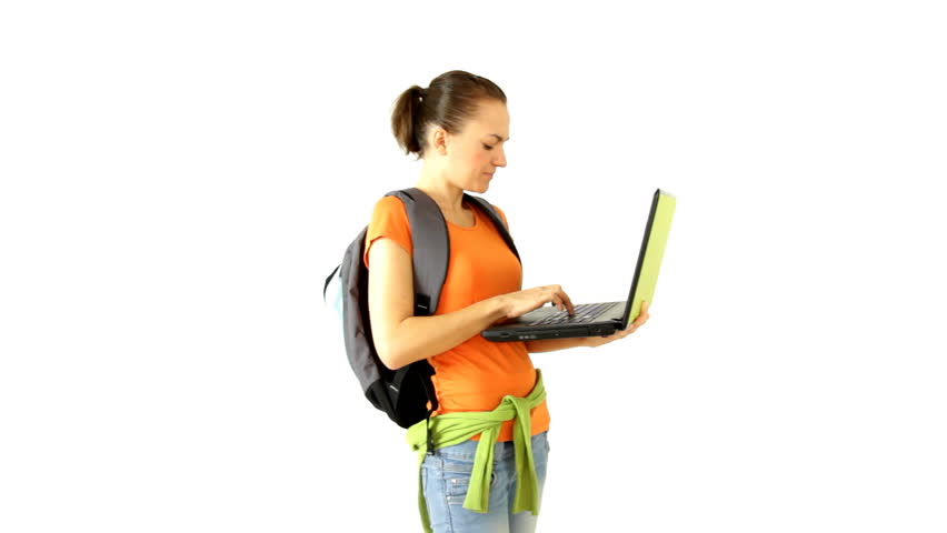Female student with laptop showing ok sign, isolated on white