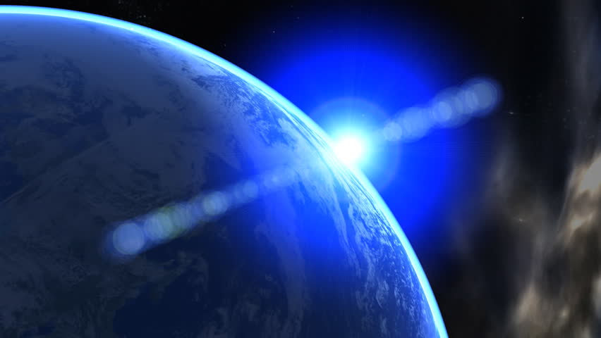 3d Earth Animation 24. Sunrise with shiny lighting effects, stars, clouds and atmosphere. High quality textures