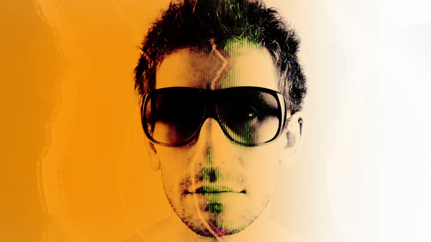stop-motion of a man wearing different retro sunglasses, very club style with television static overlays