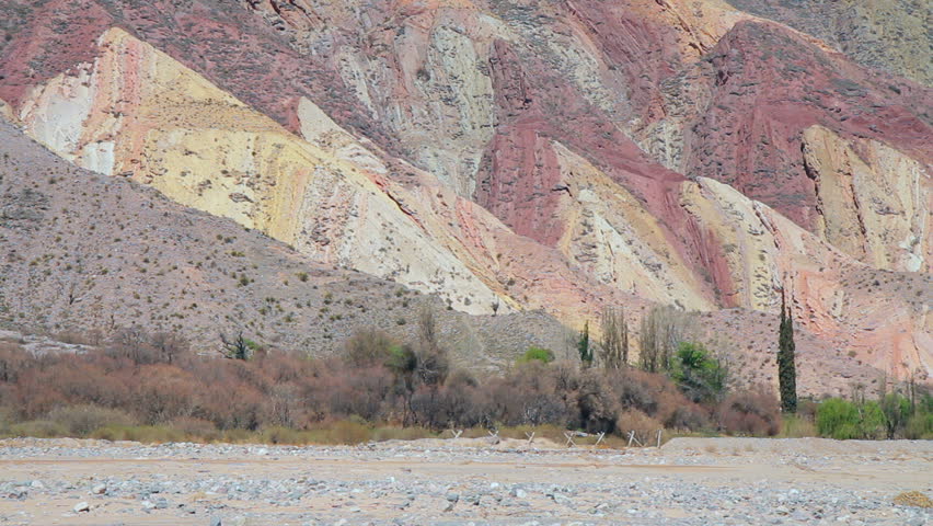 Paleta del Pintor (painters palette) hill, a multicored geological feature and part of the Humahuaca valley, Argentina. There is only very subtle movement to the bushes and trees (1080p, C. 7D).