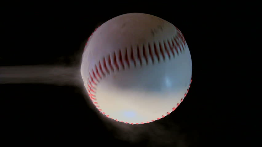 Pitched fast ball heads towards batter, so fast, it burns a trail of hot smoke that melts leather. Baseball sports concept. 1080p