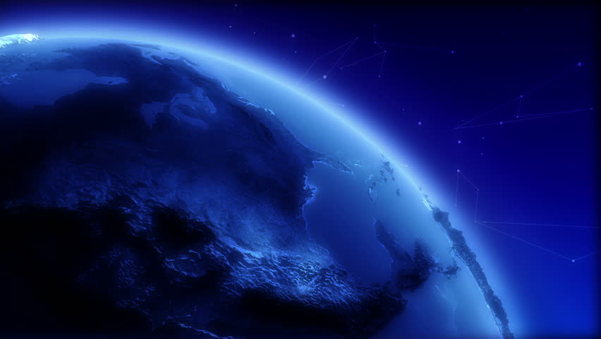Blue globe rotating, detail of spinning earth with 3d elevated relief surface 