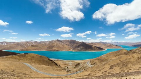 time lapse of tibet holy lake with cloudscape, beautiful yamdrok landscape in tibetan plateau