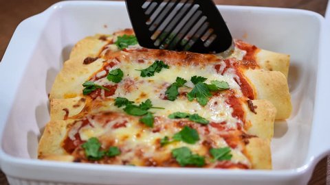 Traditional mexican enchiladas with chicken meat, spicy tomato sauce, corn, beans and cheese.