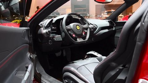 Brussels Belgium January 10 Ferrari 488 Spider Two Door Hard Top Convertible Sports Car Interior And Dashboard On Display At The 2018 European Motor Show In Brussels