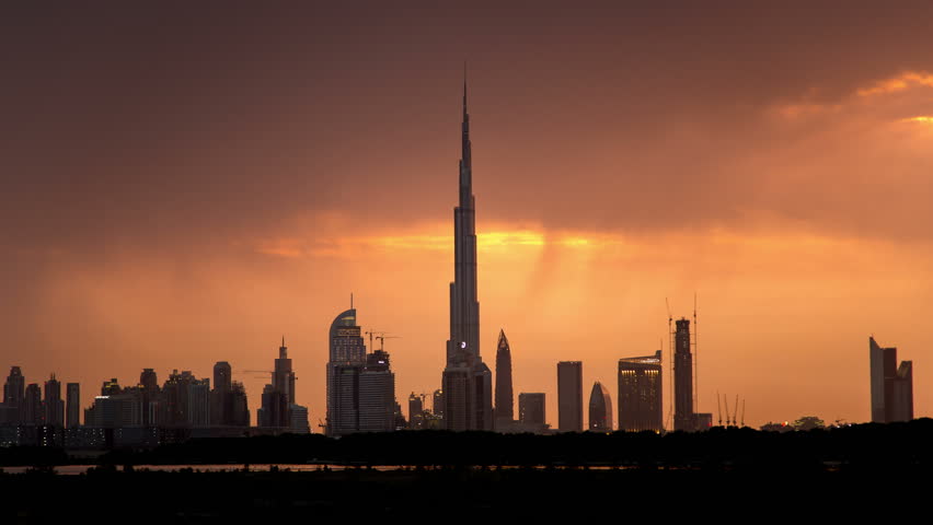 Modern Famous City Dubai Skyline Dusk Orange Sky Light After Sunset ...