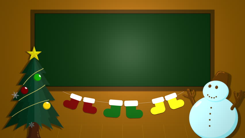 Merry Christmas On Green Board Of Class Room In School With Spotlight
