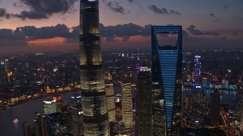 SHANGHAI, CHINA - CIRCA October 2018 Aerial view of Lujiazui(The bund) in Shanghai.nightscape