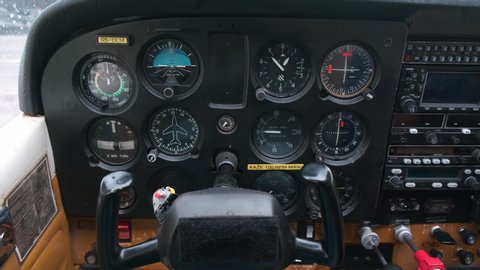 Maribor Slovenia April 10 2019 Closeup Of The Dashboard In Small Sport Aircraft Light Sport Airplane Cockpit With Instrument Panel Cessna 172