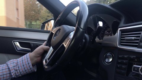Zvolen Slovakia October 4th 2019 Business Man Drives Mercedes Benz E350 4matic On A Highway Closeup Of Person Hands On Steering Wheel And Driving Car Interior Dashboard View Of The Mercedes
