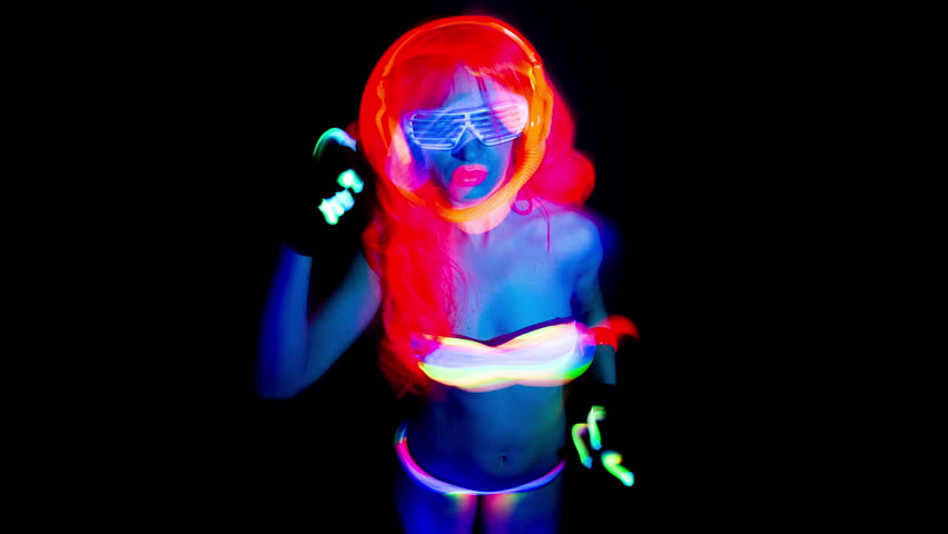 K Sexy Female Disco Dancer Poses In Uv Costume Stock Footage Video