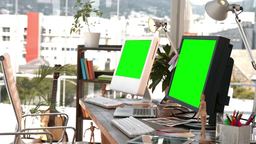 Computer With Green Screen On Stock Footage 100 Royalty Free 4k00 10desk With Two Computers And Laptop In The Office