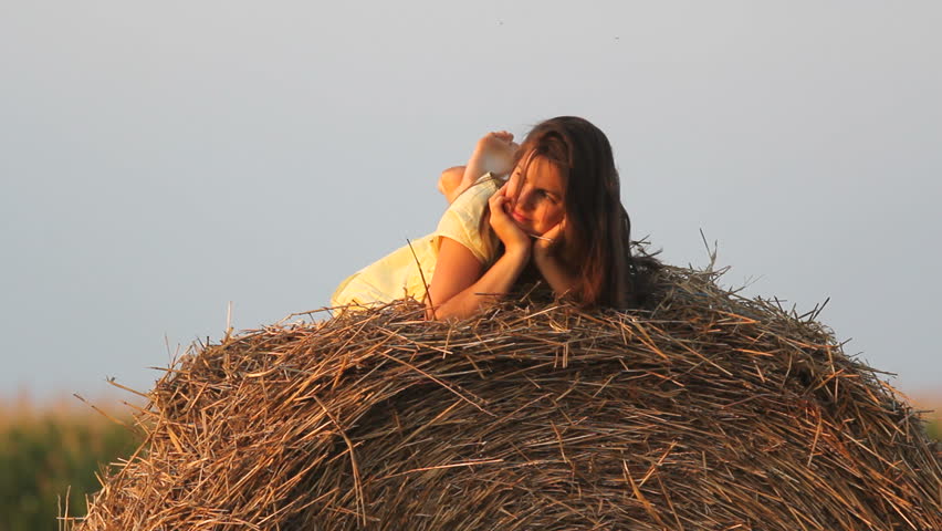 Lovely Woman Relaxing On Straw Stock Footage Video 100