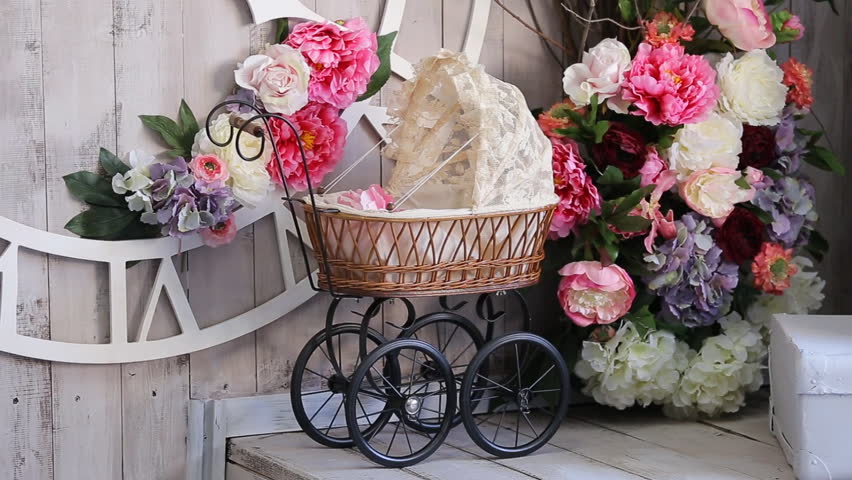 Photo Studio Interior Decorations Baby Carriage On The Background