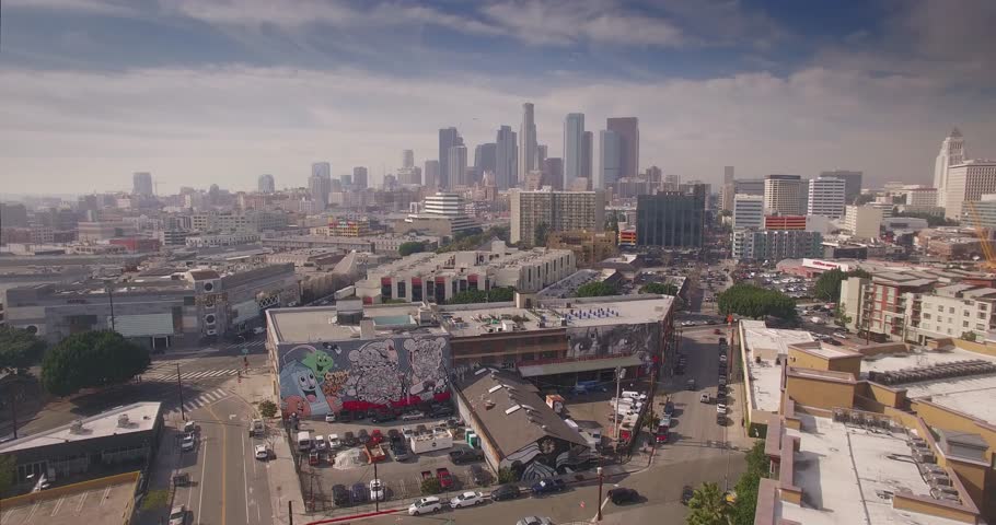 Aerial View Of Arts District With Downtown Los Angeles Skyline In ...