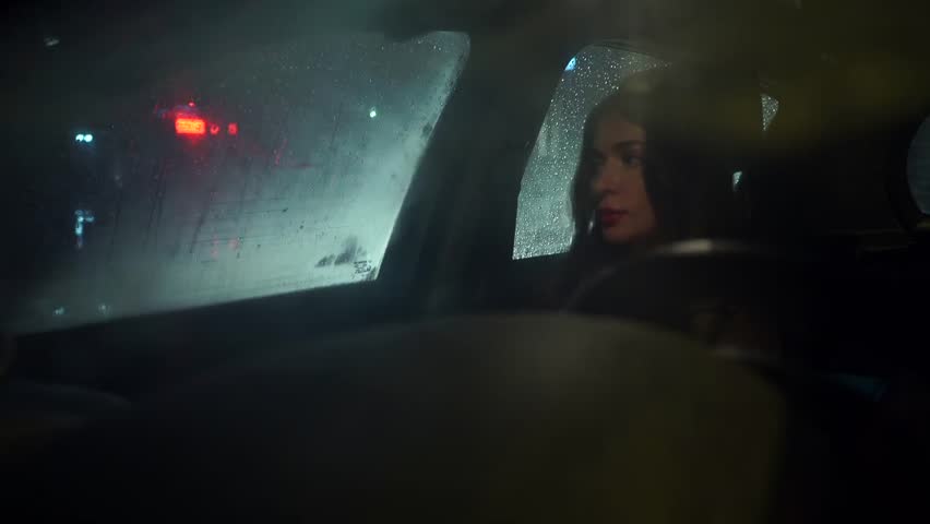 Pretty Brunette Girl Behind Car Window At Rainy Night Stock Footage ...