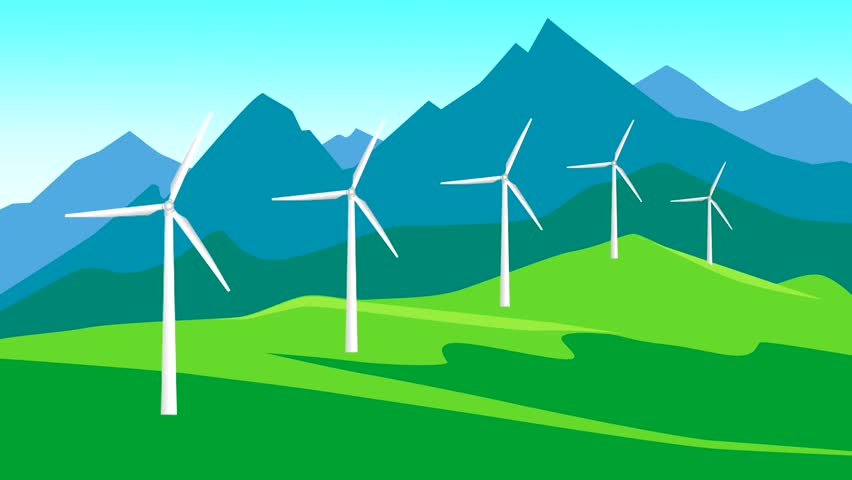Landscape with Wind Turbines. Animation. Stock Footage Video (100%