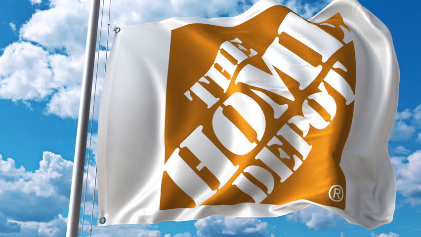 4k00 08waving Flag With The Home Depot Logo Against Moving