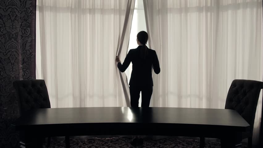 Hd00 30businesswoman Silhouette Open Curtains In Big Modern