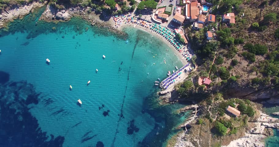 Flight overlooking the lovely village of Sant Andrea, Elba, Italy