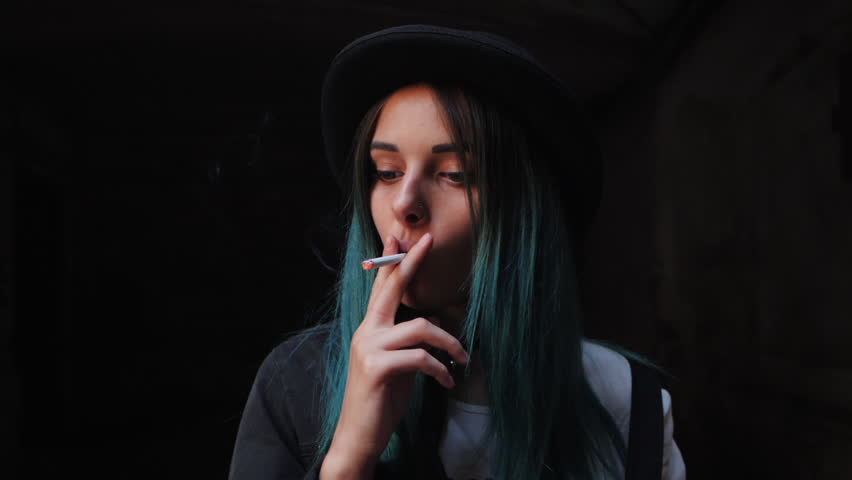 SLOW MOTION: Emo Girl Smoking Cigarette.Street Punk Or 