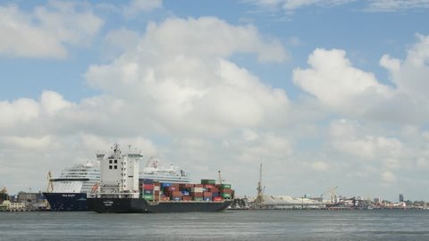 Klaipeda Lithuania August 5 2017 Mein Schiff 6 Cruise Ship And Flottbek Container Ship In Klaipeda Port