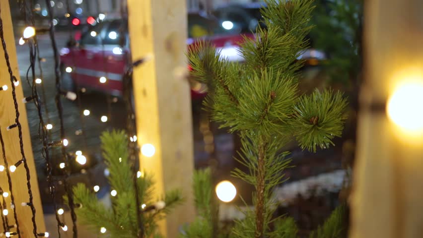 Closeup View Of Outside Christmas Holiday Decorations In Night City