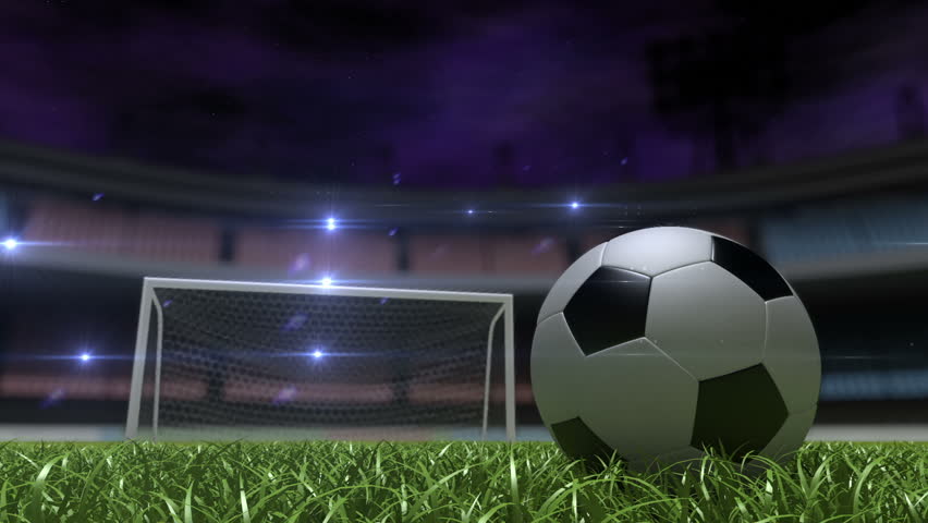 Soccer Ball Slowly Flies In The Goal Against Night Stadium Background 3d Animation Stock