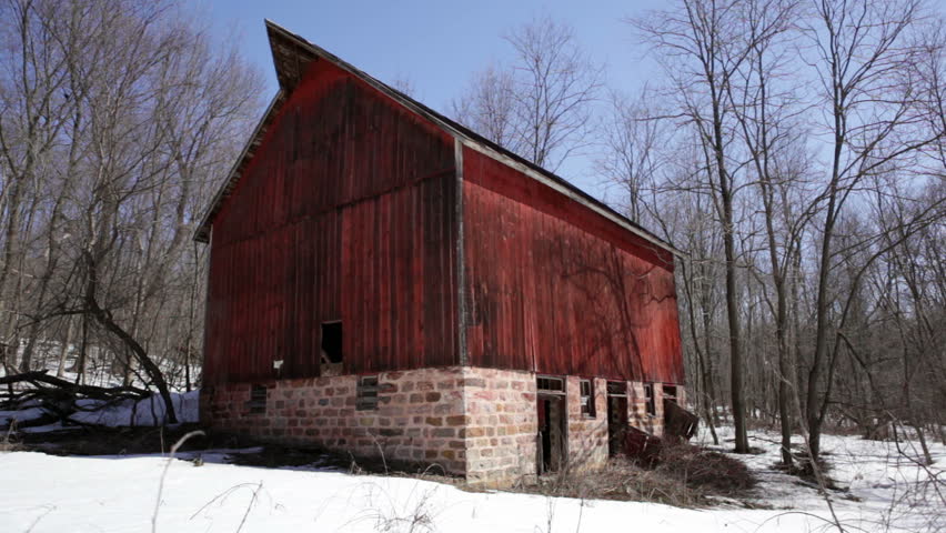 Weathered Red Barn Of An Abandoned 1910 Homestead Hidden In Snowy Woods ...