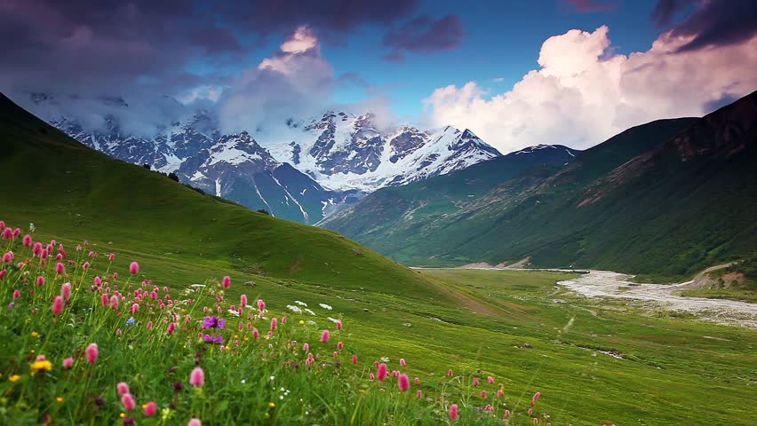 Majestic Sunset At The Foot Of Mt. Shkhara. Dramatic Sky. Upper Svaneti ...