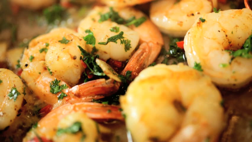 Close Up Of Trasty Fresh Prawns With Herbs Browning In A Saute Pan In ...