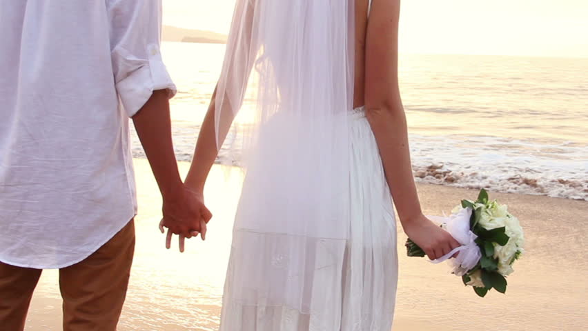 Newly Married On Tropical Beach After Sunset Wedding Newly Married On Tropical Beach After Sunset Wedding Bride And Groom Hd