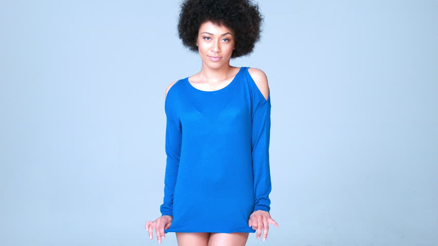Sexy Girl With Afro Haircut Wearing Blue Top And Panties Posing Isolated Stock Footage Video