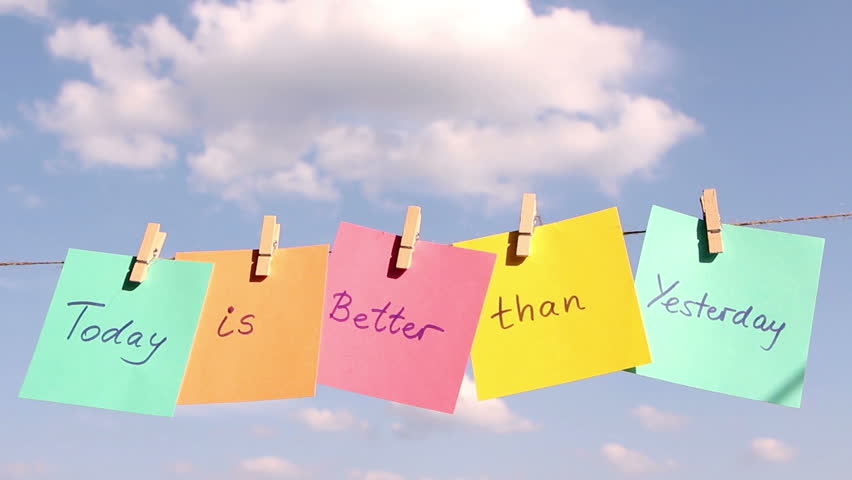 Sticky Yellow Papers Notes Hanging On Clothes Peg, On A Blue Background ...