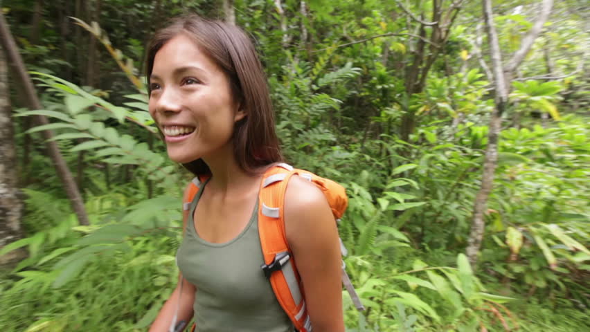 Hiking Woman Trekking In Rainforest Jungle Rear Back View