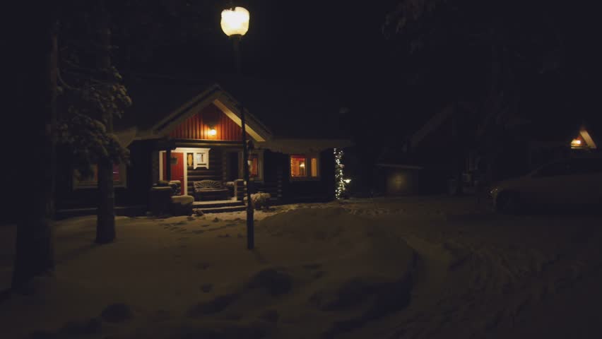 POV. Cozy Wooden House In Winter Forest, At Night, Finland. Stock ...