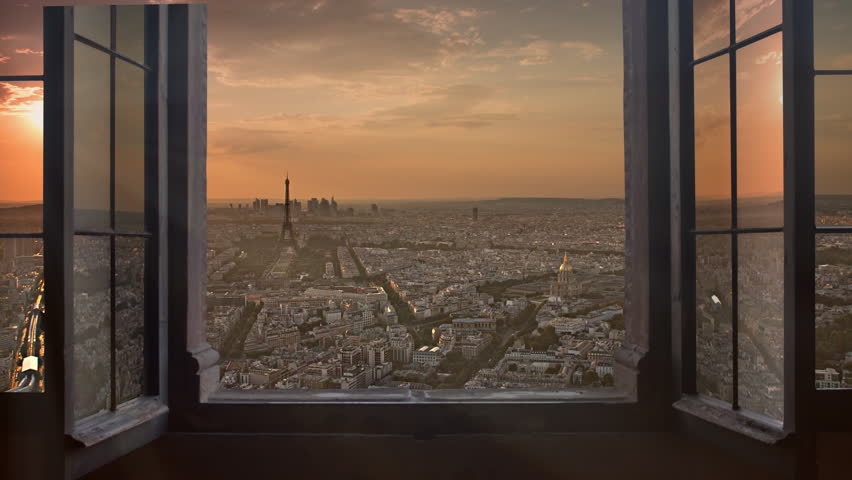 paris skyline seen from an open window aerial day to night timelapse at the...