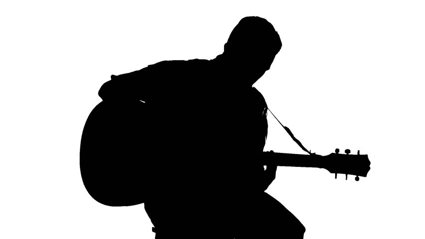 Black Silhouette Of Guy Playing Guitar On White Background 